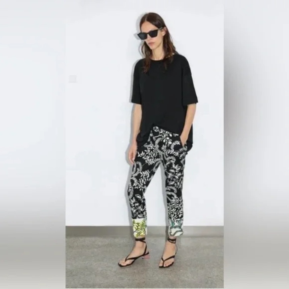 Zara Black & Cream Floral Cotton Ankle Pants
